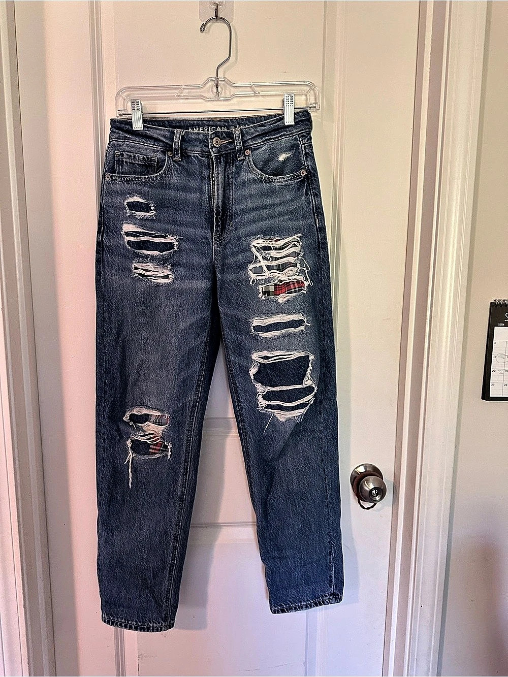 American Eagle Mom Straight Jean Distressed Blue Mom Jeans Waist 2